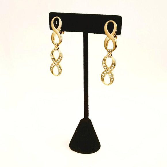 Double Figure 8 Gold Earrings Clip On Drop Earrings with Rhinestones - Picture 5 of 5